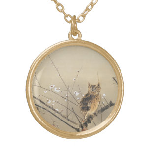 Early Plum Blossoms by Nishimura Goun, Vintage Owl Gold Plated Necklace