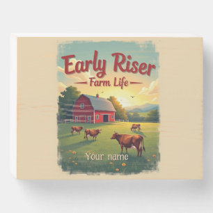 Early Riser Retro Farm Barn Scene Wooden Box Sign