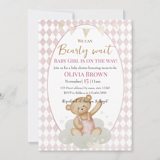 early Wait Baby Girl Shower Invitation Pink Teddy (Front)