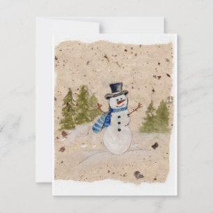 Early Winter SnowMan in Top Hat Waves Hello Holiday Card
