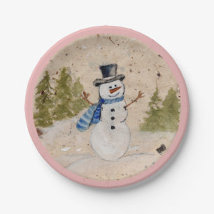 Early Winter SnowMan in Top Hat Waves Hello Paper Plates