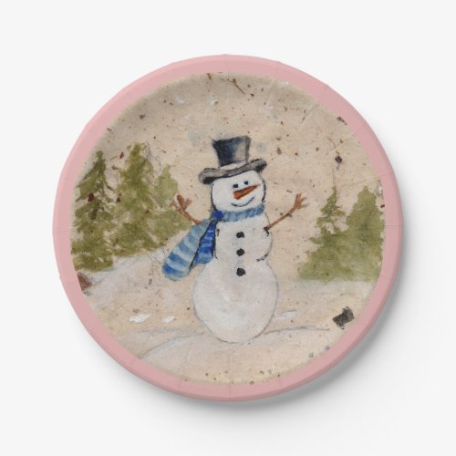 Early Winter SnowMan in Top  Hat Waves Hello Paper Plates