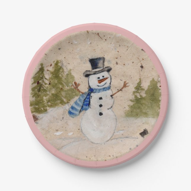Early Winter SnowMan in Top  Hat Waves Hello Paper Plates (Front)