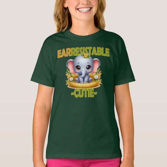 Earresistible Cutie fun pun. Baby Elephant cartoon T-Shirt (Front)