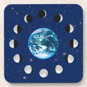 Earth and Moon Phases, on a Background of Stars Beverage Coaster