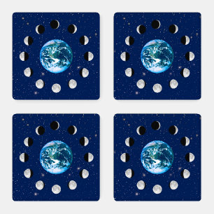 Earth and Moon Phases, on a Background of Stars Coaster Set