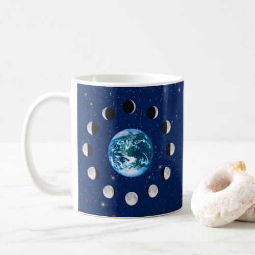 Earth and Moon Phases on a Background of Stars Coffee Mug