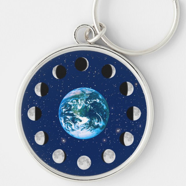 Earth and Moon Phases, on a Background of Stars Keychain (Front)