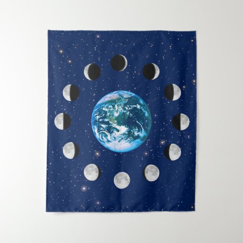 Earth and Moon Phases on a Background of Stars Tapestry