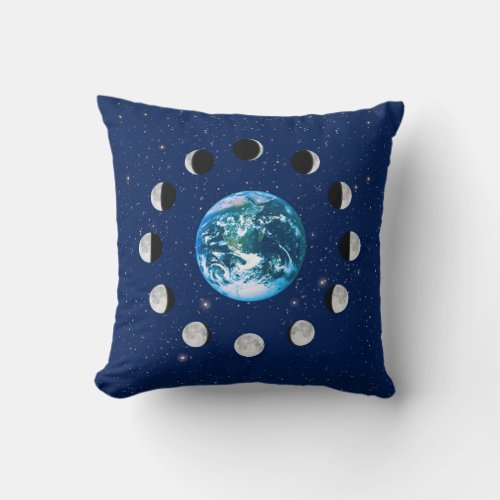 Earth and Moon Phases on a Background of Stars Throw Pillow