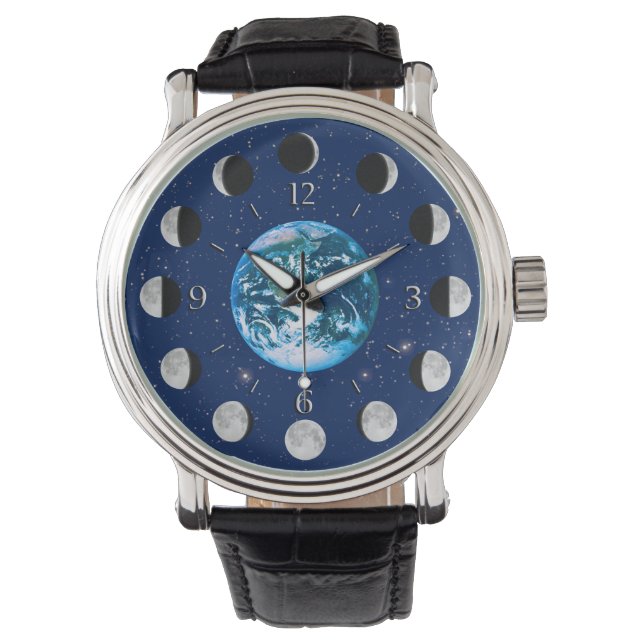 Earth and Moon Phases, on a Background of Stars Watch (Front)