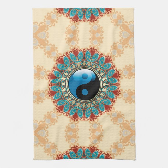 Earth Blue YinYang New Age Flower Tea Towel (Vertical)