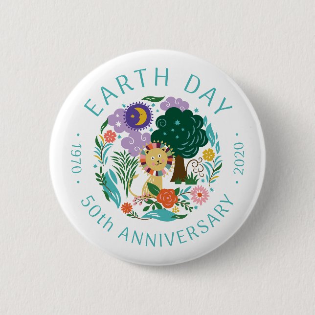 Earth Day 2020 50th Anniversary Cute Lion & Nature Button (Front)