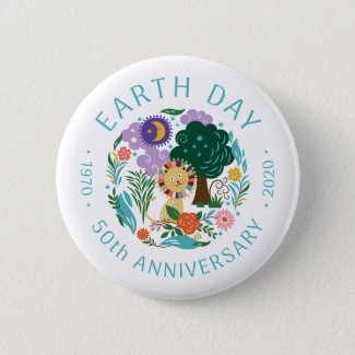 Earth Day 2020 50th Anniversary Cute Lion & Nature Button