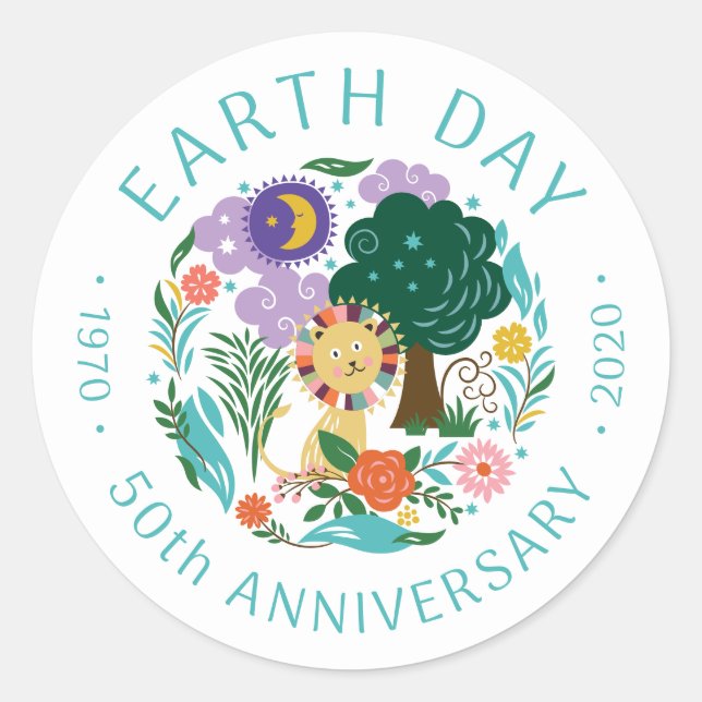 Earth Day 2020 50th Anniversary Cute Lion & Nature Classic Round Sticker (Front)