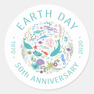 Earth Day 2020 50th Anniversary Sea Animals Fish Classic Round Sticker