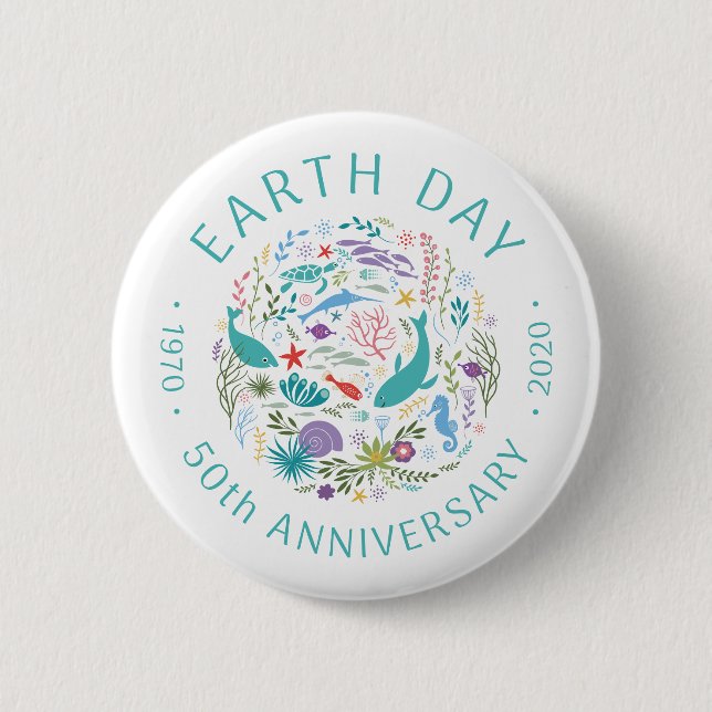 Earth Day 50th Anniversary 1970-2020 Ocean Animals Button (Front)
