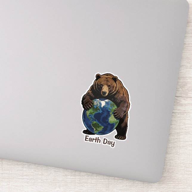 Earth Day Bear Hugging Planet Design Sticker (Detail)