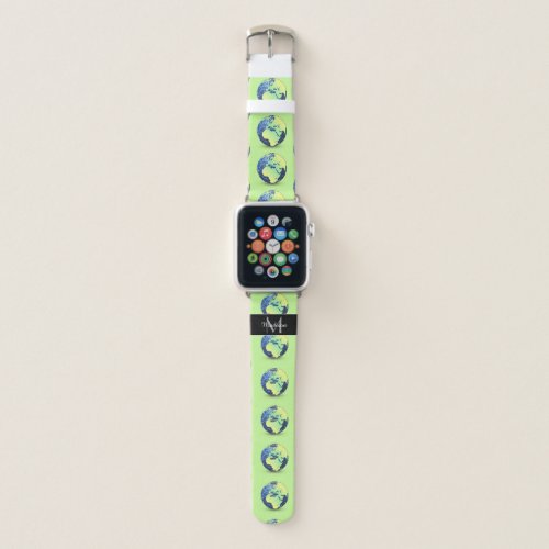 Earth Day blue sparkles Globe pattern Monogram Apple Watch Band