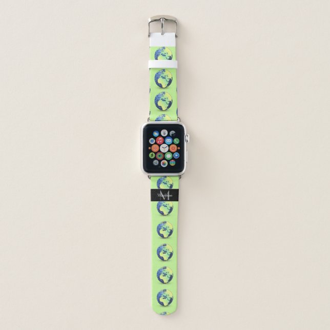 Earth Day blue sparkles Globe pattern Monogram Apple Watch Band (Front)