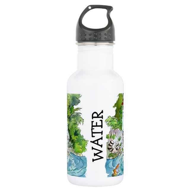 Earth Day Cartoon Animals Waterfall Stainless Steel Water Bottle (Front)