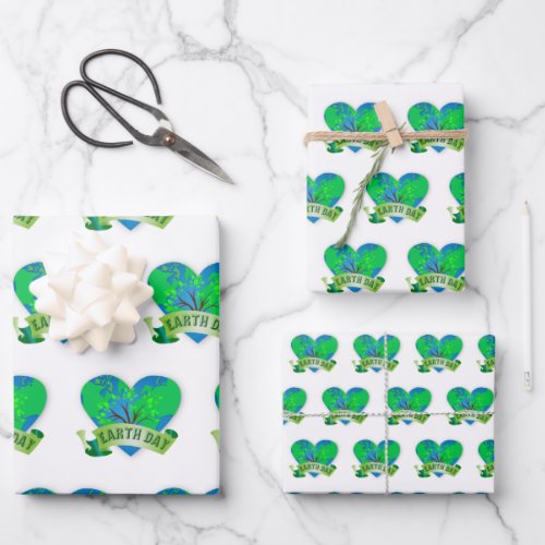 Earth Day Celebration Blue Green Heart Flat  Wrapping Paper Sheets
