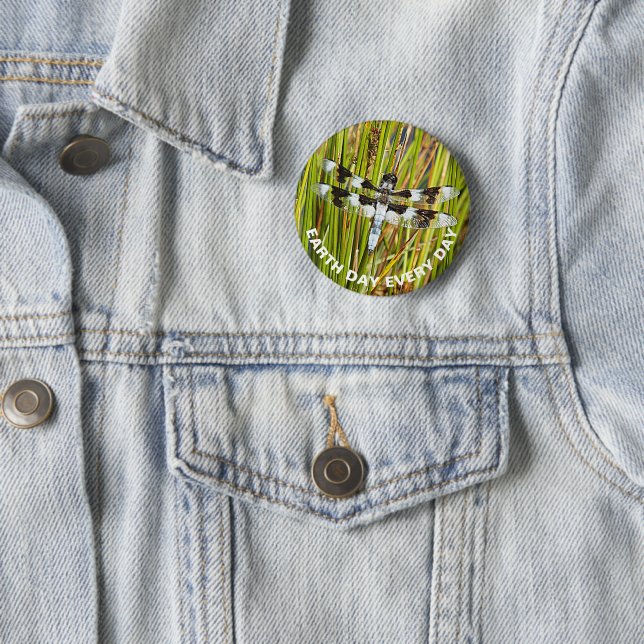 Earth Day Every Day Common Whitetail Dragonfly Button (In Situ)