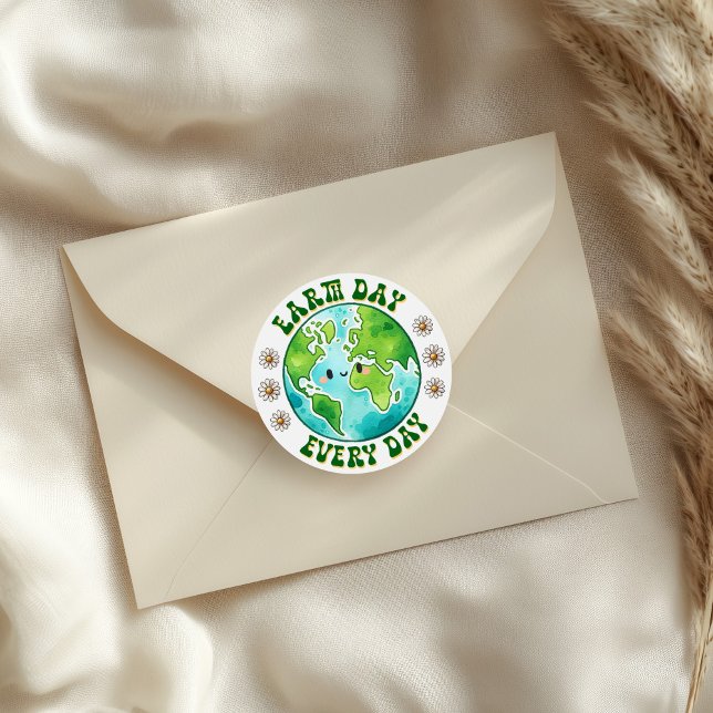 Earth Day Every Day Cute Earth Eco Sticker (Earth Day Every Day Planet Daisy Classic Round Sticker on a neutral envelope.)