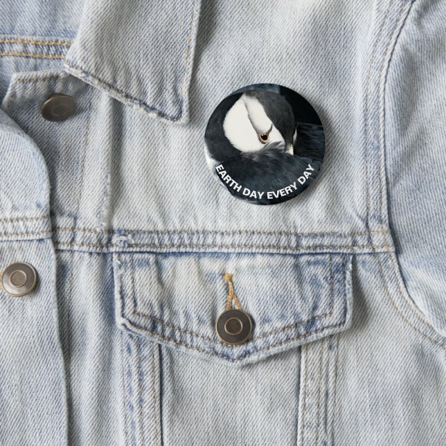 Earth Day Every Day Horned Puffin Photo Button (In Situ)