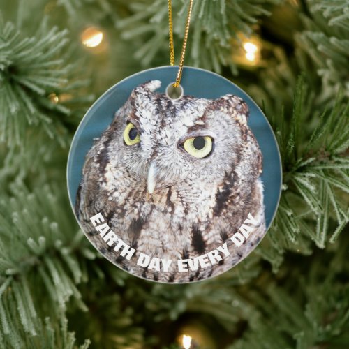 Earth Day Every Day Western Screech Owl Photo Ceramic Ornament