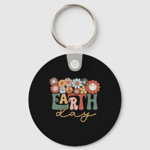 Earth Day Groovy Flower Lover Planet World Environ Keychain