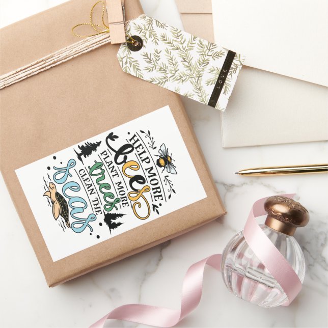 Earth day help bees plant trees clean seas quote rectangular sticker (Gifting)