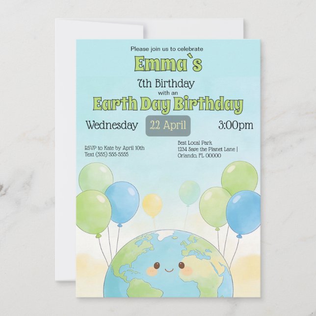 Earth Day Kids Birthday Invitation (Front)