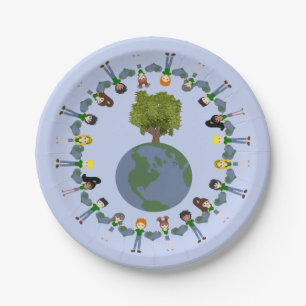 Earth Day Kids with Tree Whimsical Cartoon Art Paper Plates