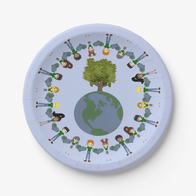Earth Day Kids with Tree Whimsical Cartoon Art Paper Plates (Front)