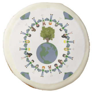Earth Day Kids with Tree Whimsical Cartoon Art Sugar Cookie
