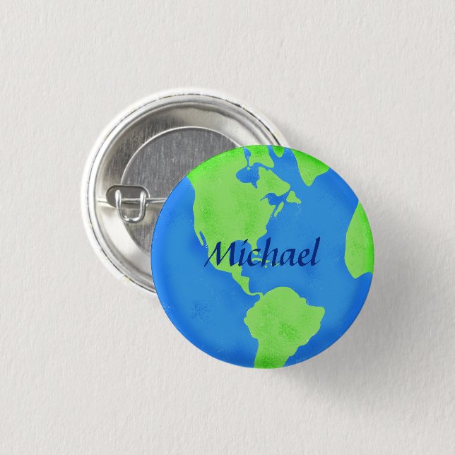 Earth Day Name Badge Globe Blue Green Personalize Button (Front & Back)