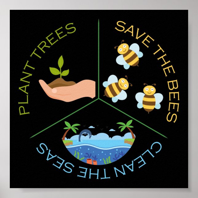 Earth Day Plant Trees Save The Bees Clean the Seas Poster (Front)