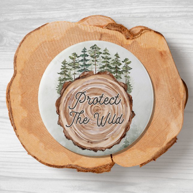 Earth Day Quote Wood Disc Pine Trees Environment Button (Close up)