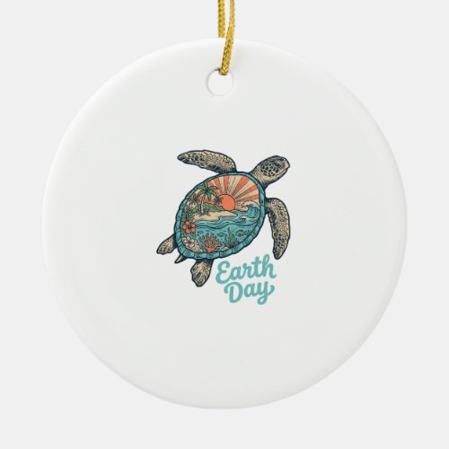 Earth Day Sea Turtle Vintage Engraving Shirt Desig Ceramic Ornament