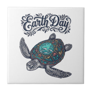 Earth Day Sea Turtle Vintage Engraving Shirt Desig Ceramic Tile