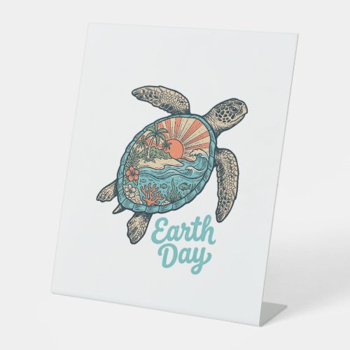 Earth Day Sea Turtle Vintage Engraving Shirt Desig Pedestal Sign