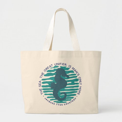 Earth Day Seahorse and Waves Clean The Ocean Large Tote Bag