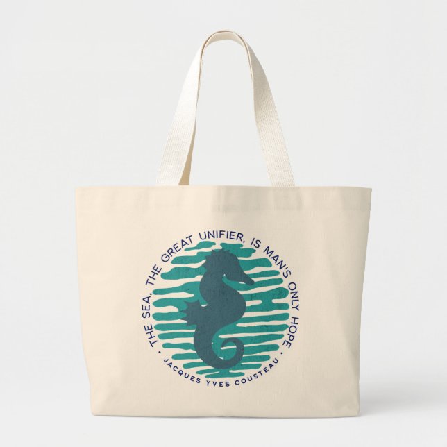 Earth Day, Seahorse and Waves, Clean The Ocean Large Tote Bag (Front)