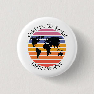 Earth Day World Map Retro Sunset Silhouette Button