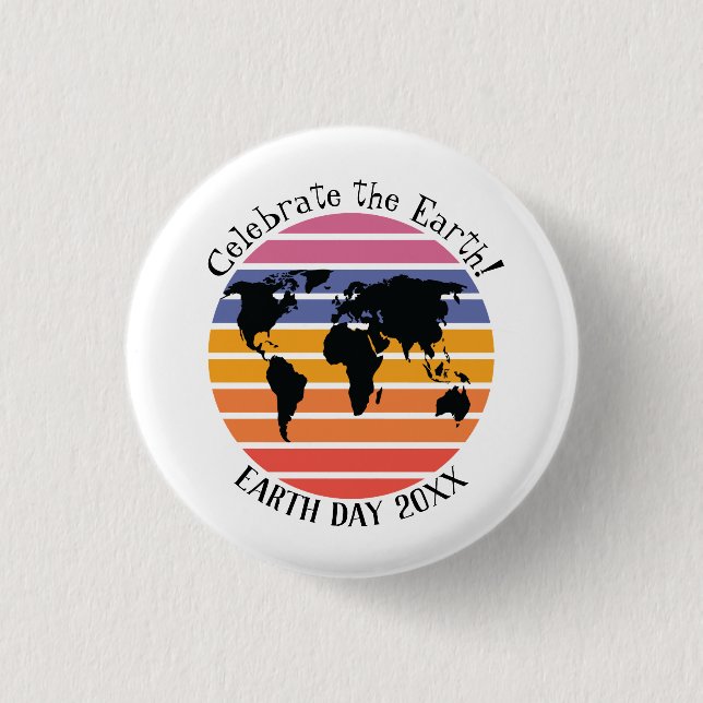 Earth Day World Map Retro Sunset Silhouette Button (Front)