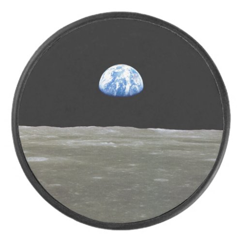 Earth from Moon in Black Space Earthrise Hockey Puck