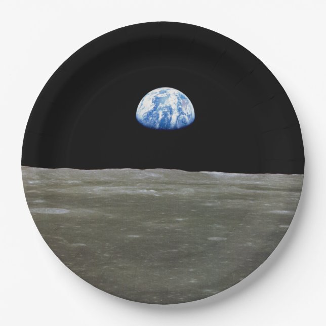 Earth from Moon in Black Space: Earthrise Paper Plates (Front)
