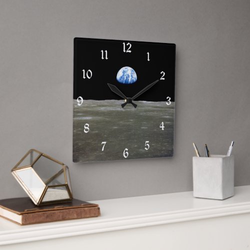 Earth from Moon in Black Space Earthrise Square Wall Clock