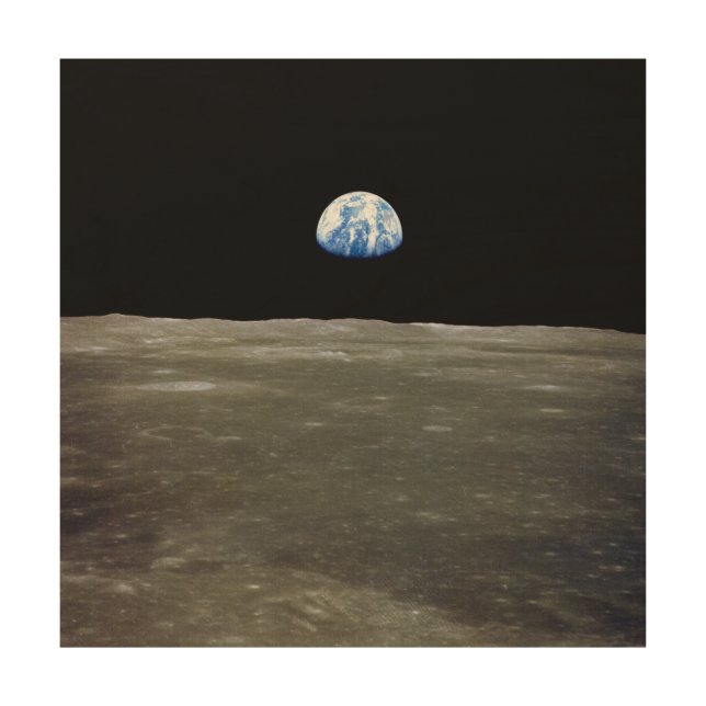 Earth from Moon in Black Space: Earthrise Wood Wall Art (Front)